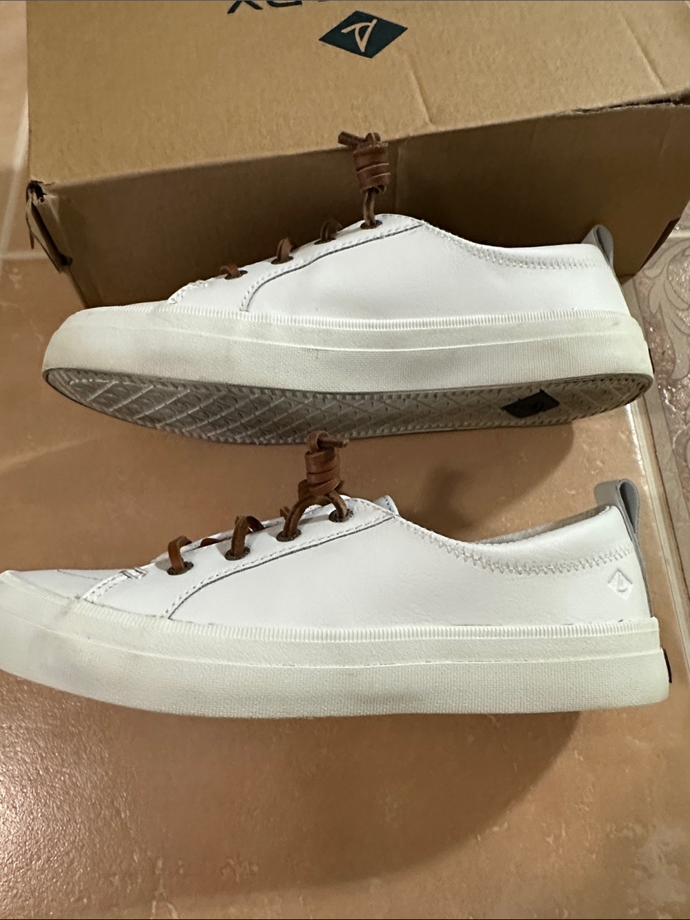 Sperry White Leather Boat Shoes with Brown Laces - Picture 5 of 7